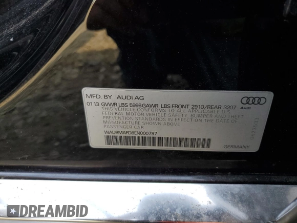 2014 Audi A8 3.0L TDI with VIN WAURMAFD8EN000797, listed as a Copart auction lot 61024275 with 188,223 mi miles and Clean title. Bid and sale history available at DreamBid. Image 12.