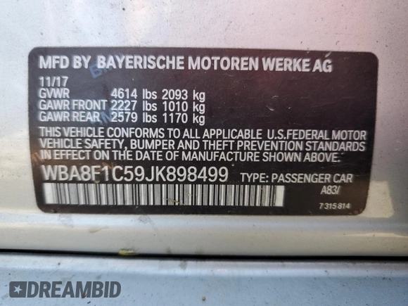 2018 BMW 3 Series with VIN WBA8F1C59JK898499, listed as a Copart auction lot 68247874 with 107,189 mi miles and Salvage title. Bid and sale history available at DreamBid. Image 12.