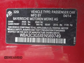 2014 BMW 3 Series 320i xDrive with VIN WBA3C3G5XENS69749, listed as a IAAI auction lot 42052481 with 112,306 mi miles and . Bid and sale history available at carsss.com. Image 9.