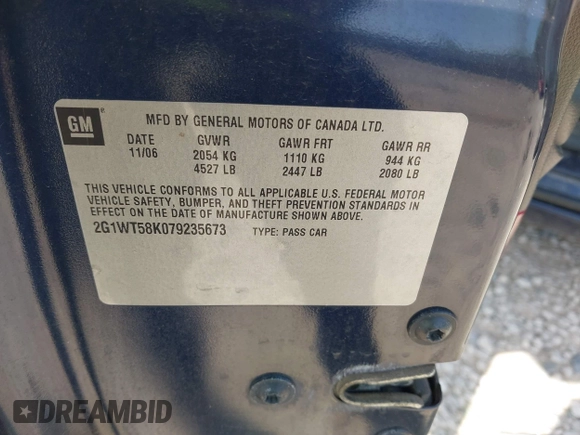 2007 Chevrolet Impala LT with VIN 2G1WT58K079235673, listed as a IAAI auction lot 42081196 with 113,410 mi miles and . Bid and sale history available at DreamBid. Image 9.