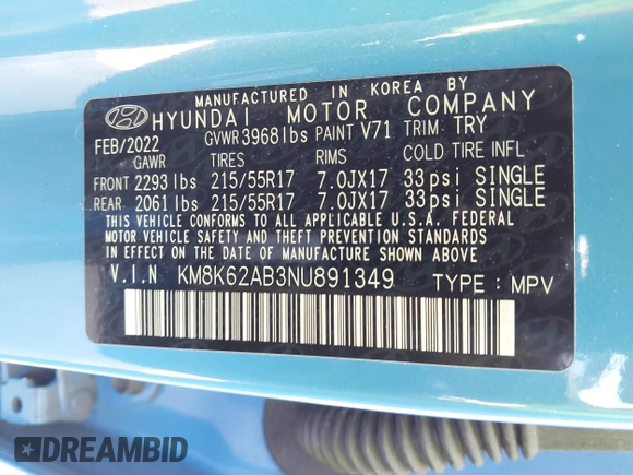 2022 Hyundai Kona SEL with VIN KM8K62AB3NU891349, listed as a IAAI auction lot 41860744 with 22,991 mi miles and . Bid and sale history available at DreamBid. Image 9.