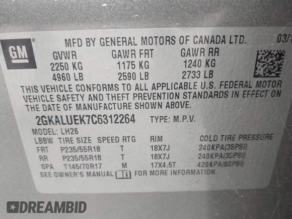 2012 GMC Terrain SLT-1 with VIN 2GKALUEK7C6312264, listed as a IAAI auction lot 42146486 with 147,525 mi miles and . Bid and sale history available at DreamBid. Image 9.