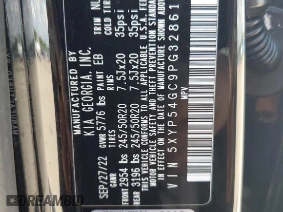 2023 Kia Telluride SX with VIN 5XYP54GC9PG328612, listed as a Copart auction lot 62282635 with Not provided miles and Non repairable. Bid and sale history available at DreamBid. Image 14.