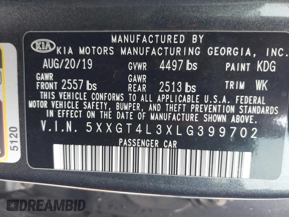 2020 Kia Optima LX with VIN 5XXGT4L3XLG399702, listed as a IAAI auction lot 42092023 with 70,861 mi miles and . Bid and sale history available at DreamBid. Image 9.
