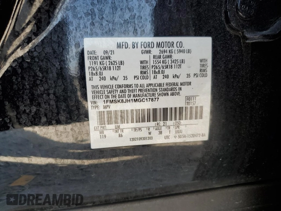 2021 Ford Explorer Timberline z VIN 1FMSK8JH1MGC17877, wystawiony jako Copart lot #50823705 z przebiegiem 52 767 mil mil oraz Szkoda całkowita • Salvage title. Historia ofert i sprzedaży dostępna na DreamBid. Obrazek 15.