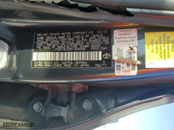 2011 Toyota Yaris with VIN JTDBT4K33B1404938, listed as a Copart auction lot 44312955 with 0 mi miles and Salvage Title. Bid and sale history available at carsss.com. Image 12.