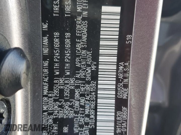 2014 Toyota Highlander XLE z VIN 5TDJKRFH6ES041592, wystawiony jako Copart lot #46255495 z przebiegiem 113 695 mil mil oraz Szkoda całkowita • Salvage title. Historia ofert i sprzedaży dostępna na DreamBid. Obrazek 13.