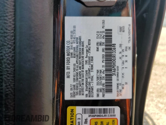 2018 Ford Fusion SE with VIN 3FA6P0HD0JR133698, listed as a Copart auction lot 62895245 with 82,077 mi miles and Salvage title. Bid and sale history available at DreamBid. Image 13.