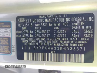 2019 Kia Sorento LX with VIN 5XYPG4A33KG533371, listed as a IAAI auction lot 41602096 with 122,231 mi miles. Bid and sale history available at carsss.com. Image 9.