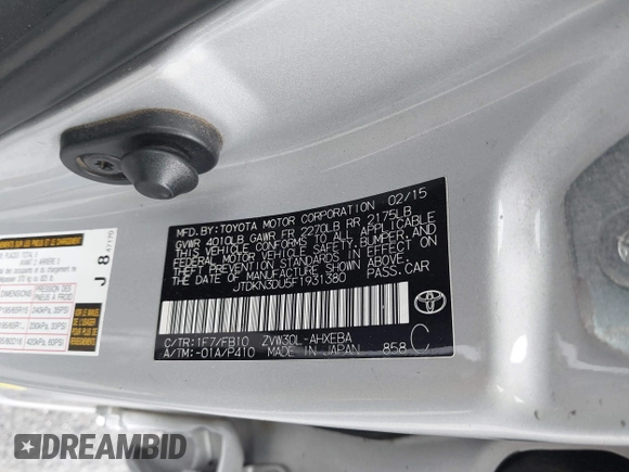2015 Toyota Prius Four with VIN JTDKN3DU5F1931380, listed as a IAAI auction lot 42420445 with 128,596 mi miles and . Bid and sale history available at DreamBid. Image 9.