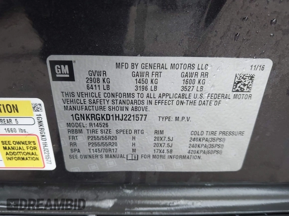 2017 Chevrolet Traverse LT with VIN 1GNKRGKD1HJ221577, listed as a IAAI auction lot 41447118 with 169,177 mi miles and . Bid and sale history available at DreamBid. Image 9.