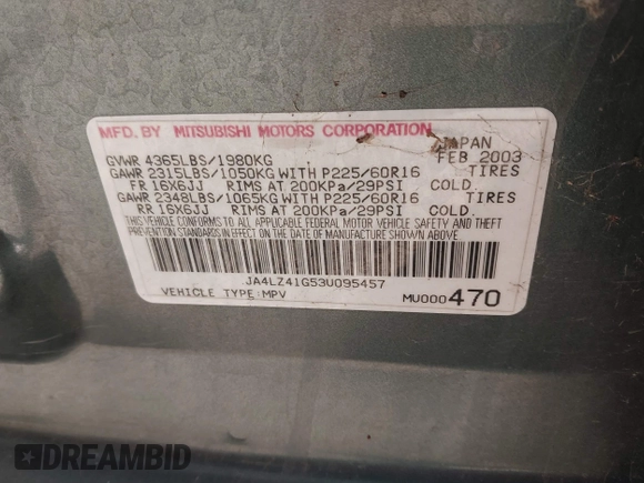 2003 Mitsubishi Outlander XLS z VIN JA4LZ41G53U095457, wystawiony jako IAAI lot #42040732 z przebiegiem 97 236 mil mil oraz . Historia ofert i sprzedaży dostępna na DreamBid. Obrazek 9.
