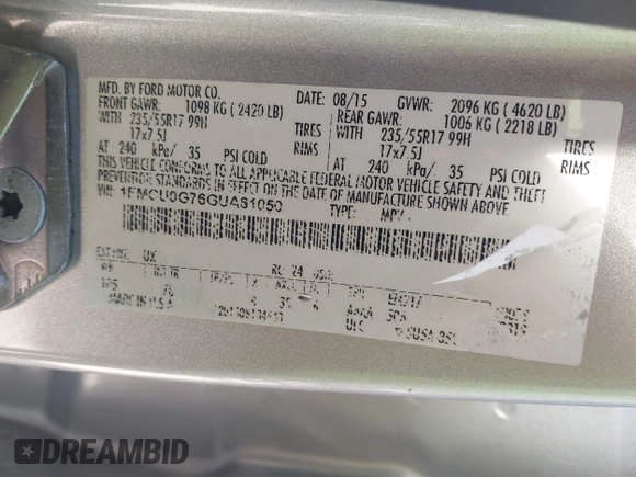 2016 Ford Escape SE z VIN 1FMCU0G76GUA61050, wystawiony jako IAAI lot #42171320 z przebiegiem Nie podano mil oraz . Historia ofert i sprzedaży dostępna na DreamBid. Obrazek 9.