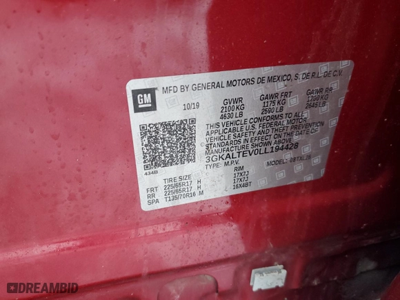 2020 GMC Terrain SLE with VIN 3GKALTEV0LL194428, listed as a Copart auction lot 43241515 with 69,127 mi miles and Salvage Title. Bid and sale history available at carsss.com. Image 16.