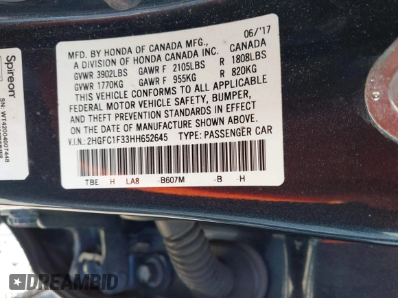 2017 Honda Civic EX-T with VIN 2HGFC1F33HH652645, listed as a IAAI auction lot 41441890 with Not Provided miles. Bid and sale history available at carsss.com. Image 9.