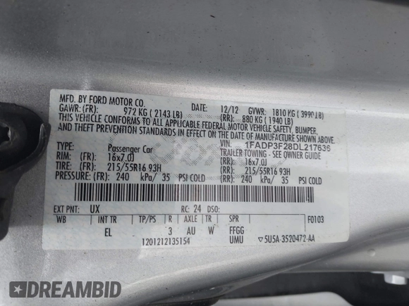 2013 Ford Focus SE with VIN 1FADP3F28DL217636, listed as a IAAI auction lot 42465123 with 187,088 mi miles and . Bid and sale history available at DreamBid. Image 9.