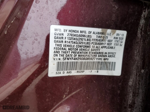 2013 Honda Pilot LX with VIN 5FNYF4H29DB085927, listed as a Copart auction lot 44906785 with 0 mi miles and Salvage Title. Bid and sale history available at carsss.com. Image 14.