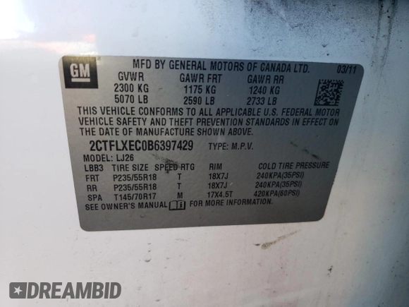 2011 GMC Terrain SLT-2 with VIN 2CTFLXEC0B6397429, listed as a Copart auction lot 86772614 with 112,717 mi miles and Salvage Title. Bid and sale history available at DreamBid. Image 13.