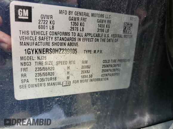 2017 Cadillac XT5 Premium Luxury AWD with VIN 1GYKNERS0HZ239805, listed as a Copart auction lot 61257435 with 104,448 mi miles and Salvage title. Bid and sale history available at DreamBid. Image 14.