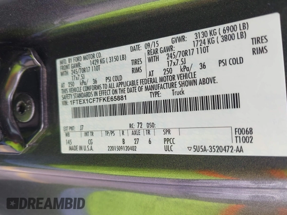 2015 Ford F-150 XL with VIN 1FTEX1CF7FKE65881, listed as a IAAI auction lot 42809438 with 122,541 mi miles and . Bid and sale history available at DreamBid. Image 9.