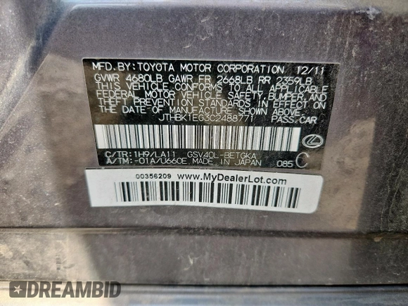 2012 Lexus ES 330 with VIN JTHBK1EG3C2488771, listed as a Copart auction lot 61557625 with 147,102 mi miles and Salvage title. Bid and sale history available at DreamBid. Image 12.