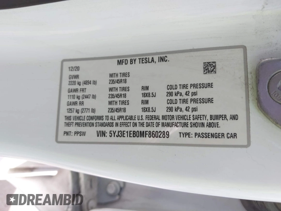 2021 Tesla Model 3 Long Range z VIN 5YJ3E1EB0MF860289, wystawiony jako IAAI lot #41771854 z przebiegiem 190 892 mil mil oraz . Historia ofert i sprzedaży dostępna na DreamBid. Obrazek 9.