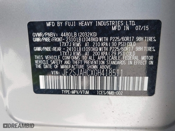 2016 Subaru Forester 2.5i Limited with VIN JF2SJAHCXGH418511, listed as a IAAI auction lot 41978981 with 146,691 mi miles. Bid and sale history available at carsss.com. Image 9.