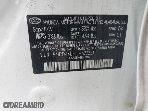 2020 Hyundai Elantra SEL with VIN 5NPD84LF1LH627251, listed as a Copart auction lot 55524685 with 86,266 mi miles and Salvage title. Bid and sale history available at DreamBid. Image 12.