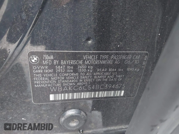 2011 BMW 7 Series 750i xDrive с VIN WBAKC6C54BC394675, выставлен на аукционе IAAI как лот 42394276 с пробегом 207 246 миль миль и . История ставок и продаж доступна на DreamBid. Изображение 9.