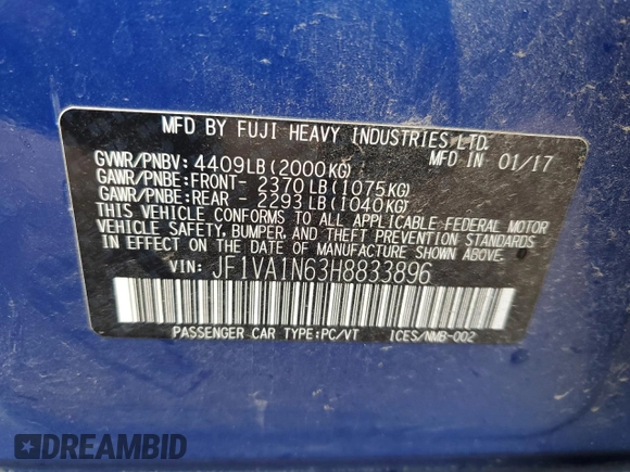 2017 Subaru WRX Limited with VIN JF1VA1N63H8833896, listed as a Copart auction lot 53896345 with 77,093 mi miles and Salvage title. Bid and sale history available at DreamBid. Image 12.