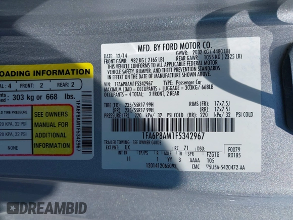 2015 Ford Mustang V6 with VIN 1FA6P8AM1F5342967, listed as a IAAI auction lot 42164817 with 106,700 mi miles and . Bid and sale history available at DreamBid. Image 9.