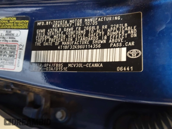 2006 Toyota Camry LE z VIN 4T1BF32K96U114356, wystawiony jako IAAI lot #41818681 z przebiegiem 171 423 mil mil oraz . Historia ofert i sprzedaży dostępna na DreamBid. Obrazek 9.