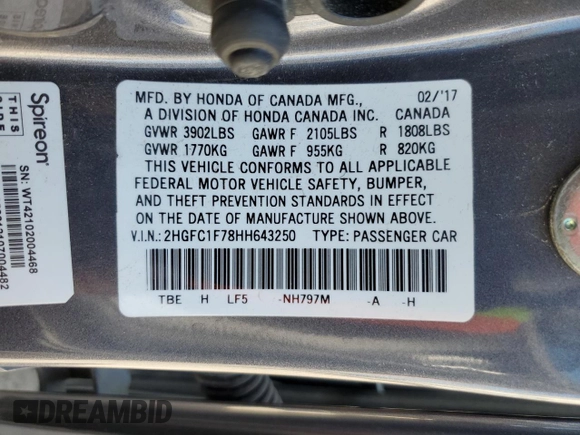 2017 Honda Civic Sedan EX-L with VIN 2HGFC1F78HH643250, listed as a Copart auction lot 47833205 with 149,489 mi miles and Salvage Title. Bid and sale history available at carsss.com. Image 13.
