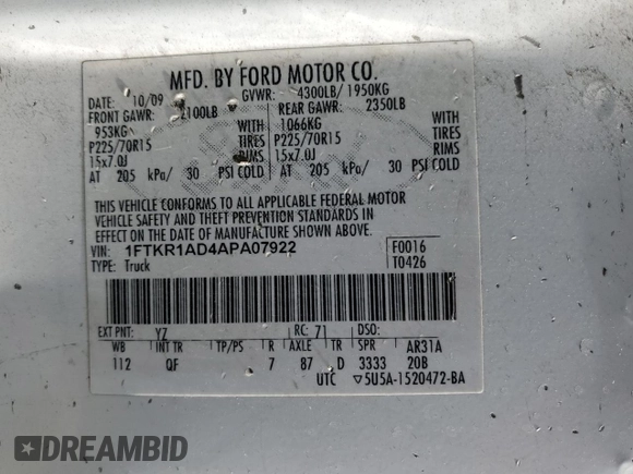 2010 Ford Ranger XL с VIN 1FTKR1AD4APA07922, выставлен на аукционе Copart как лот 65540895 с пробегом 200 321 миль миль и Чистый • Clean title. История ставок и продаж доступна на DreamBid. Изображение 12.