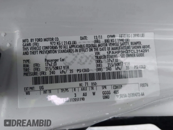 2012 Ford Focus SEL with VIN 1FAHP3H27CL314291, listed as a IAAI auction lot 41859207 with 86,830 mi miles. Bid and sale history available at carsss.com. Image 9.