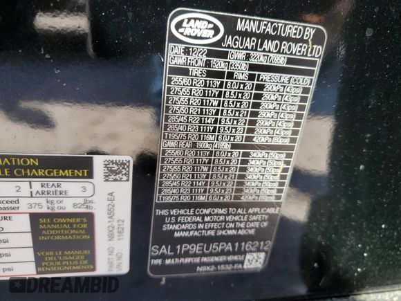 2023 Land Rover Range Rover Sport SE with VIN SAL1P9EU5PA116212, listed as a Copart auction lot 75087774 with Not Provided miles and Non Repairable. Bid and sale history available at DreamBid. Image 13.