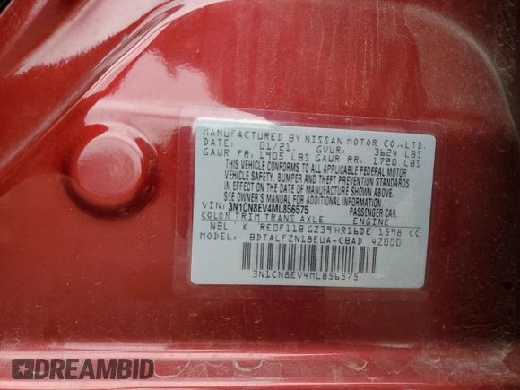 2021 Nissan Versa SV with VIN 3N1CN8EV4ML856575, listed as a Copart auction lot 58821295 with Not provided miles and Salvage title. Bid and sale history available at DreamBid. Image 12.