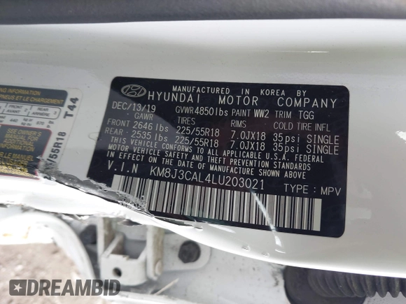 2020 Hyundai Tucson SEL z VIN KM8J3CAL4LU203021, wystawiony jako IAAI lot #42167082 z przebiegiem 49 826 mil mil oraz . Historia ofert i sprzedaży dostępna na DreamBid. Obrazek 9.