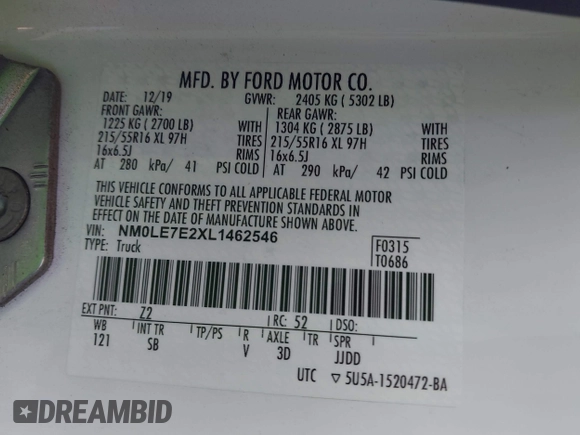 2020 Ford Transit Connect XL z VIN NM0LE7E2XL1462546, wystawiony jako IAAI lot #42067201 z przebiegiem 85 431 mil mil oraz . Historia ofert i sprzedaży dostępna na DreamBid. Obrazek 9.