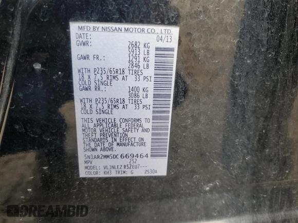 2013 Nissan Pathfinder SL with VIN 5N1AR2MM5DC669464, listed as a Copart auction lot 58078085 with 163,467 mi miles and Salvage title. Bid and sale history available at DreamBid. Image 13.