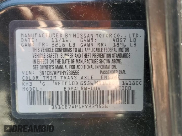 2017 Nissan Sentra SR Turbo с VIN 3N1CB7AP1HY239556, выставлен на аукционе Copart как лот 55060145 с пробегом 107 565 миль миль и Списание • Salvage title. История ставок и продаж доступна на DreamBid. Изображение 12.