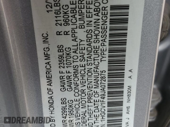 2018 Honda Accord EX with VIN 1HGCV1F49JA072875, listed as a Copart auction lot 51618915 with 137,424 mi miles and Salvage Title. Bid and sale history available at DreamBid. Image 13.