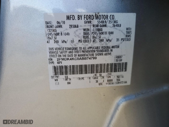 2010 Ford Edge Limited with VIN 2FMDK4KC0ABB74799, listed as a Copart auction lot 53757745 with 135,545 mi miles and Clean Title. Bid and sale history available at carsss.com. Image 12.