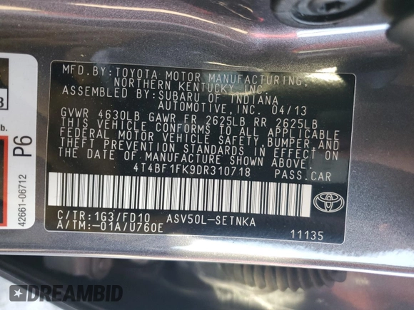 2013 Toyota Camry L with VIN 4T4BF1FK9DR310718, listed as a Copart auction lot 88091005 with 138,529 mi miles and Salvage Title. Bid and sale history available at carsss.com. Image 12.