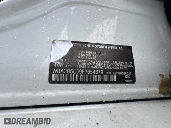 2015 BMW 3 Series 328i xDrive with VIN WBA3B5C59FP654679, listed as a Copart auction lot 59805525 with 120,885 mi miles and Clean title. Bid and sale history available at DreamBid. Image 10.