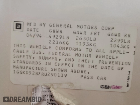 1994 Cadillac DeVille z VIN 1G6KD52B7RU290139, wystawiony jako Copart lot #46899465 z przebiegiem 133 110 mil mil oraz Czysty tytuł • Clean title. Historia ofert i sprzedaży dostępna na DreamBid. Obrazek 15.