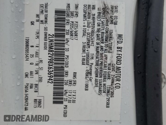 2008 Lincoln Town Car Limited z VIN 2LNHM82V98X636942, wystawiony jako Copart lot #57791415 z przebiegiem 132 930 mil mil oraz Szkoda całkowita • Salvage title. Historia ofert i sprzedaży dostępna na DreamBid. Obrazek 13.