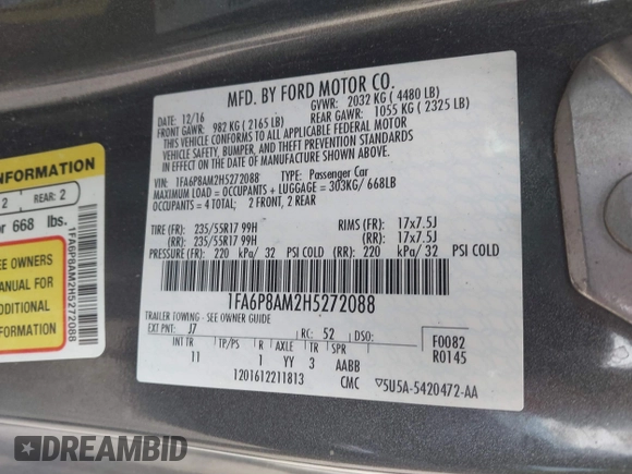 2017 Ford Mustang V6 with VIN 1FA6P8AM2H5272088, listed as a IAAI auction lot 41619042 with 197,657 mi miles and . Bid and sale history available at carsss.com. Image 9.