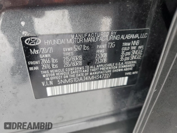 2021 Hyundai Santa Fe SE with VIN 5NMS1DAJ4MH347227, listed as a Copart auction lot 43447315 with 72,702 mi miles and Salvage Title. Bid and sale history available at carsss.com. Image 13.