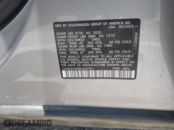2024 Volkswagen Atlas SE z VIN 1V2KE2CA3RC243791, wystawiony jako IAAI lot #42037645 z przebiegiem 24 932 mil mil oraz . Historia ofert i sprzedaży dostępna na DreamBid. Obrazek 9.
